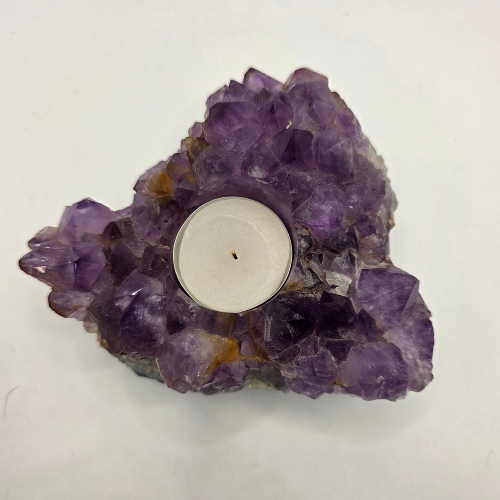 Amethyst Cluster Tea Light Candle Holder Natural Purple Geode Crystal Heart